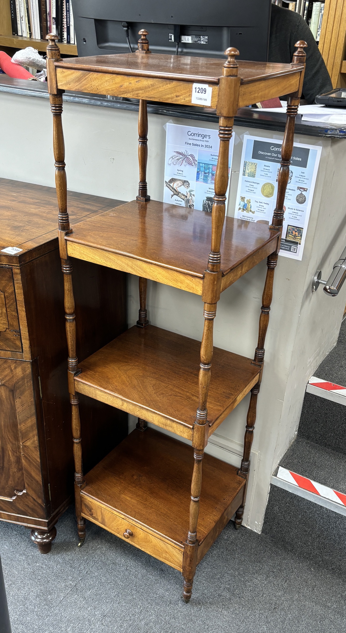 A Regency mahogany four tier whatnot, width 44cm, depth 38cm, height 155cm